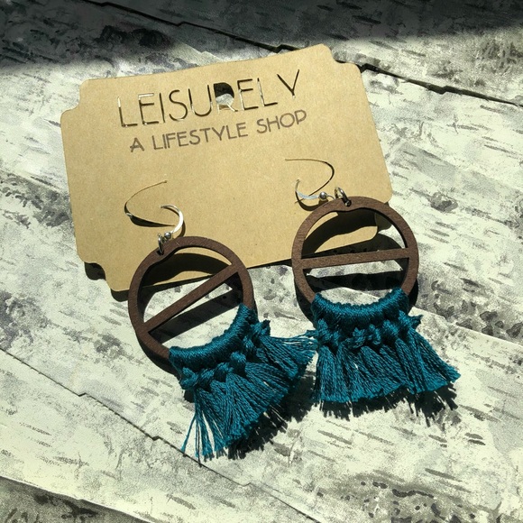 Teal Tassel Earrings | Dark Wood, Cotton & Silver - Picture 4 of 11